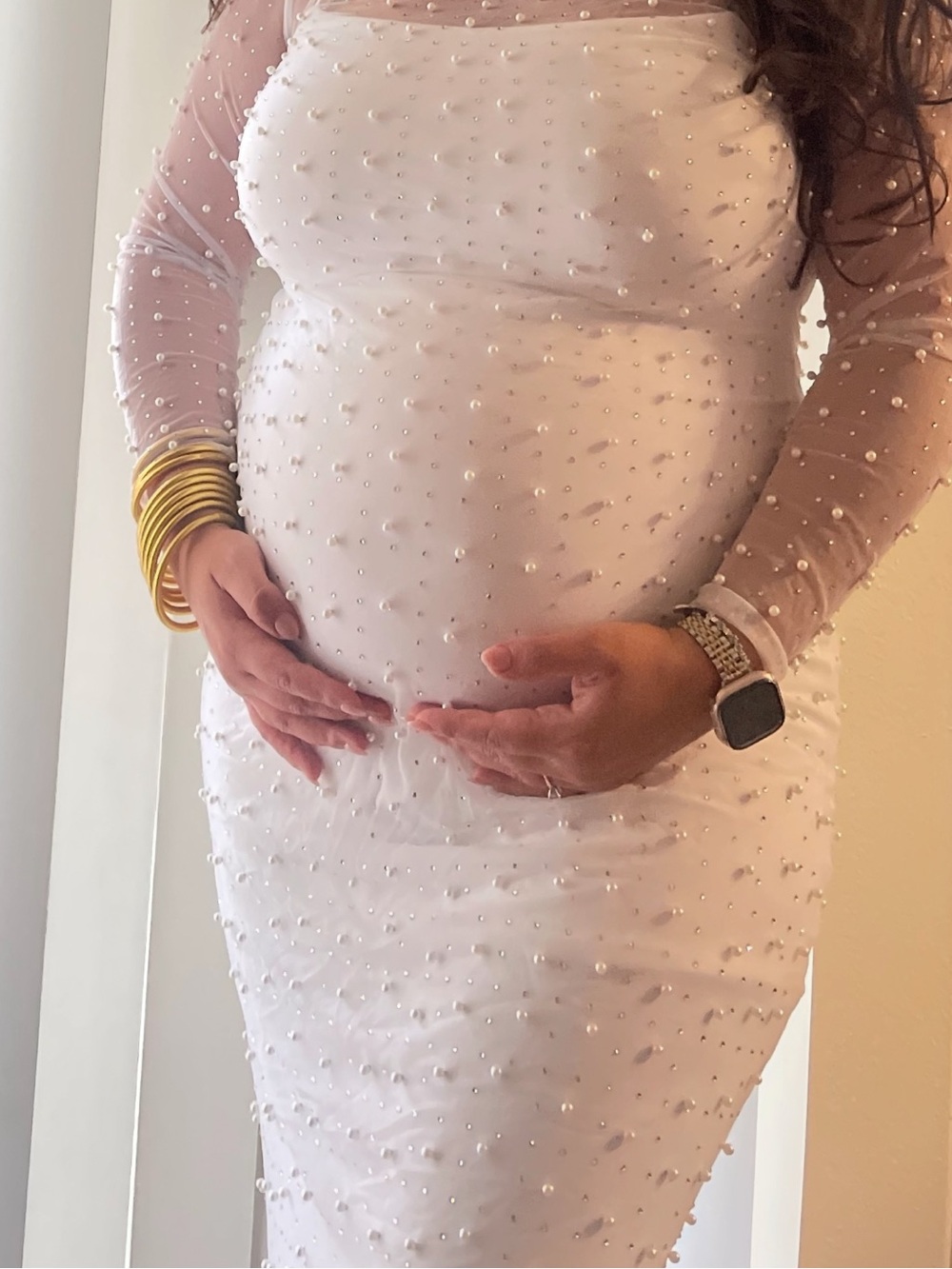 White Long-Sleeve Sheer Maxi Dress with Pearls and Crystal Accents